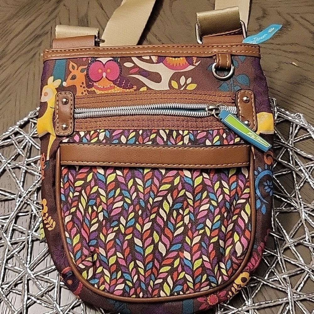 LILY BLOOM WHIMSICAL WOODS BROWN KAT MINI-CROSSBODY ZIPPER PURSE DEER/OWL